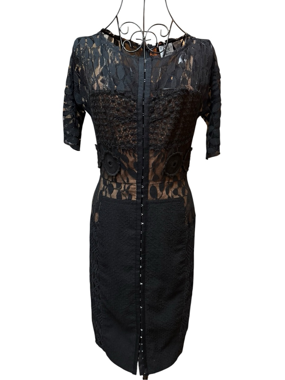 Byron Lars Black Lace Corset Midi Dress with Button-Front Detail 4P